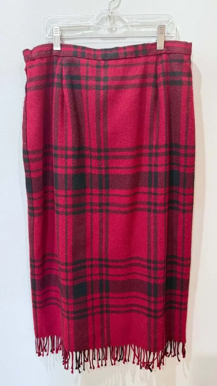Vintage Red Black Plaid Wool Blend Midi Skirt with Fringe Size 14